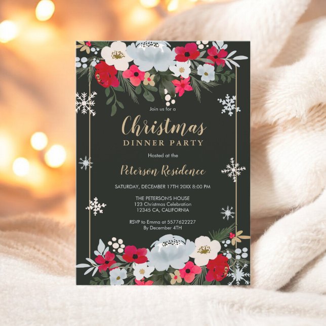 Gold Red Green Blütenschneeflocke Weihnachten Einladung (Gold Red Green floral snowflake Christmas Invitation)