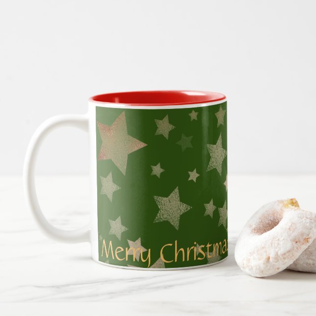 Gold Red Green Star Elegante Weihnachten Zweifarbige Tasse (Mit Donut)