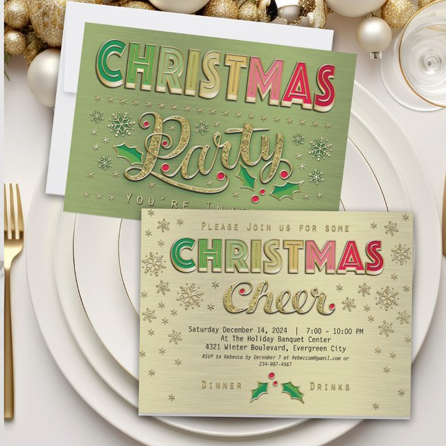 Gold Red Green Typografy Christmas Party Einladung (Von Creator hochgeladen)
