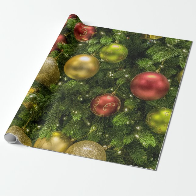 Gold Red & Green Weihnachtsschmuck Geschenkpapier (Ungerollt)