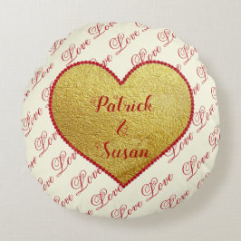 Gold Red Heart Elegante Vintager Valentinstag Rundes Kissen