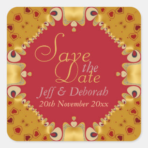 Gold & Red Hearts Save the Date Aufkleber
