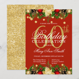 Gold & Red Holiday Glitzer 60. Geburtstagsparty Einladung