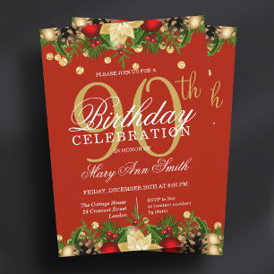 Gold & Red Holiday Glitzer 90. Geburtstagsparty Einladung