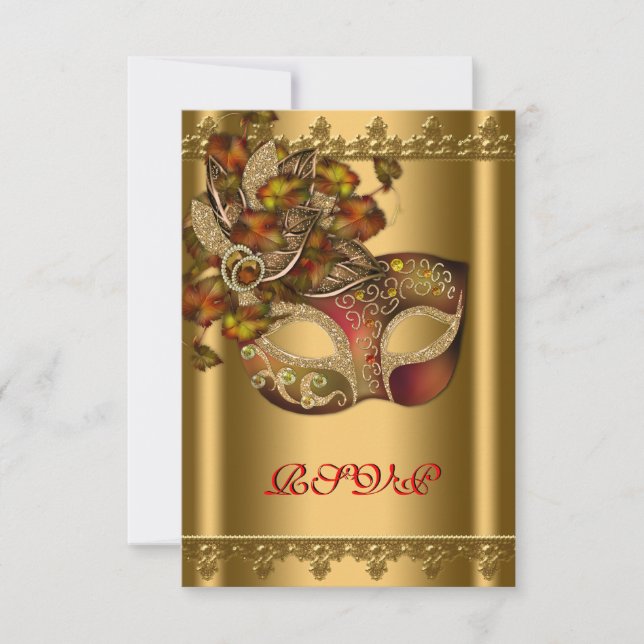Gold Red Mask Gold Rote Masquera Party UAWG RSVP Karte (Vorderseite)