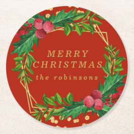 Gold Red Merry Christmas Party Holly Glitzer Runder Pappuntersetzer