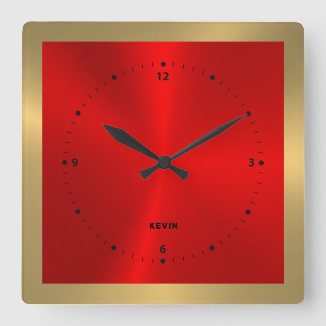 Gold & Red & Metallic Edelstahl-Platz Quadratische Wanduhr (Vorderseite)