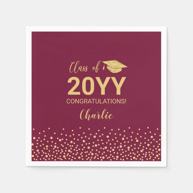 Gold & Red Modern Confetti Graduation Party Serviette (Vorderseite)