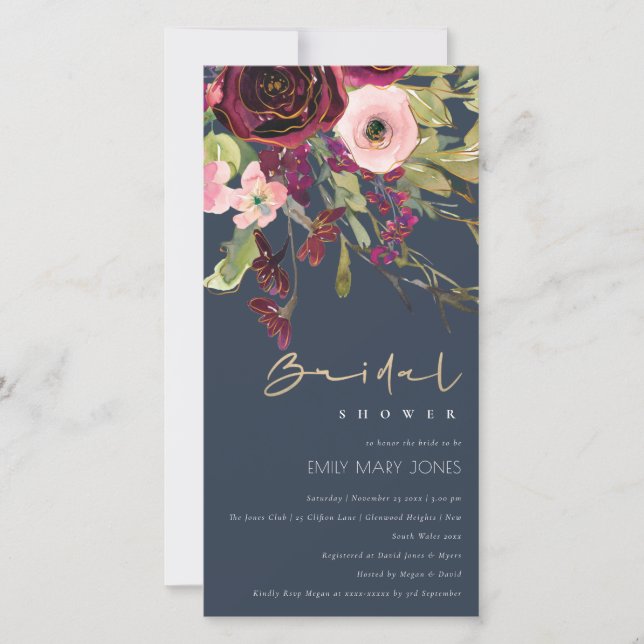 GOLD RED NAVY PINK ROSE FLORA BRAUTPARTY INVITE DANKESKARTE (Vorderseite)
