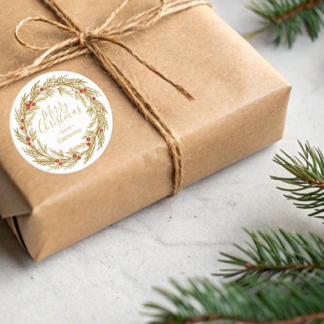 Gold Red Pine Berry Weihnachtsmann Name Runder Aufkleber (Von Creator hochgeladen)