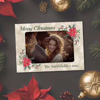 Gold, Red Poinsettia Foto Ferienkarte Feiertagskarte