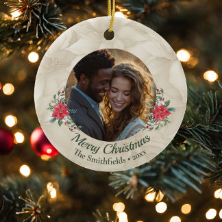 Gold, Red Poinsettia Foto Holiday Keramik Ornament