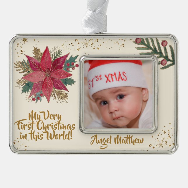 Gold Red Poinsettia Glitterie Erstes Weihnachtsfes Rahmen-Ornament Silber (Vorderseite)