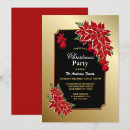 Gold Red Poinsettia Gold Frame Christmas Party Einladung