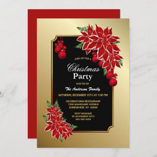 Gold Red Poinsettia Gold Frame Christmas Party Einladung