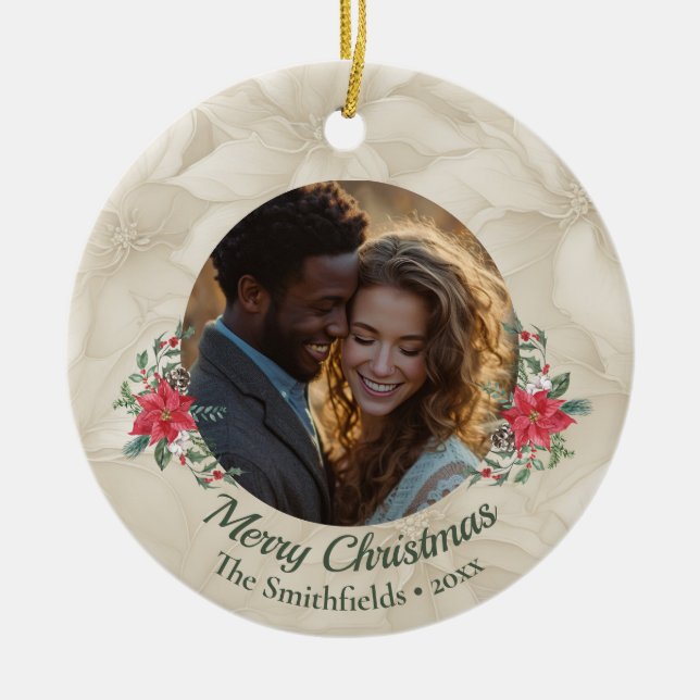 Gold, Red Poinsettia Zwei Fotos Urlaub Keramik Ornament (Vorne)