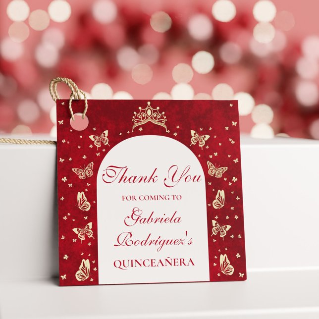 Gold Red Quinceañera Butterfly Tiara Mis Quince Geschenkanhänger (Gold Red Quinceañera Butterfly Tiara Mis Quince Favor Tags)