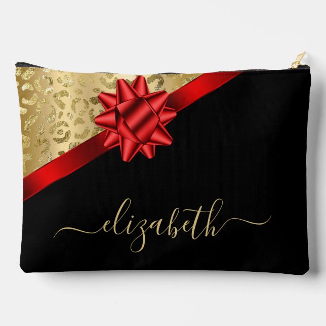 Gold Red Ribbon Script Monogram Zubehörtasche (Rückseite)