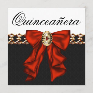 Gold Red Schwarz-weiß Quinceanera Einladung