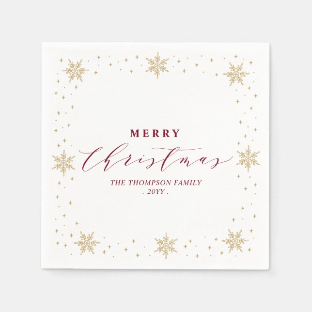 Gold & Red Snowflakes Weihnachtsfeier Serviette (Vorderseite)