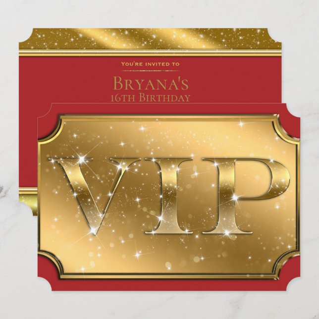 Gold & Red Sparkle Glam VIP Party Event Ticket Einladung (Vorne/Hinten)