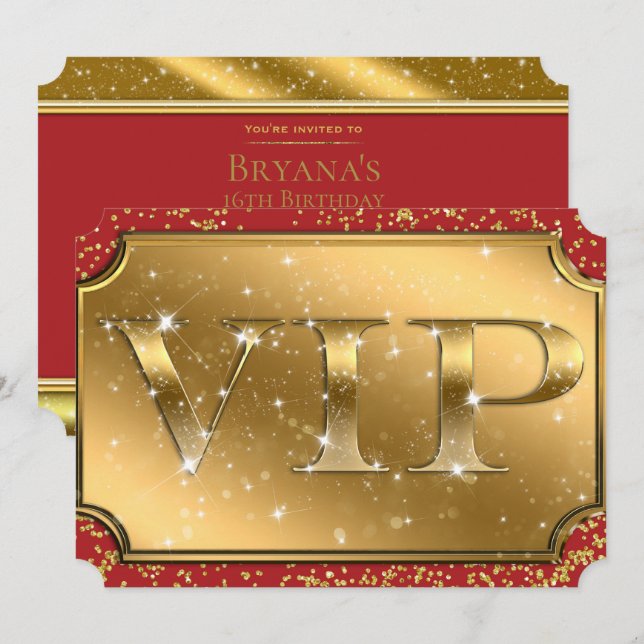 Gold & Red Sparkle Glam VIP Party Event Ticket Einladung (Vorne/Hinten)