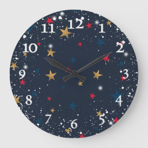 Gold, red stars, snowflakes on blue. Festive Große Wanduhr