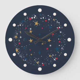 Gold, red stars, snowflakes on blue. Festive Große Wanduhr