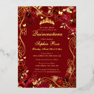 Gold Red Vintag Butterfly Floral Quinceanera Folieneinladung