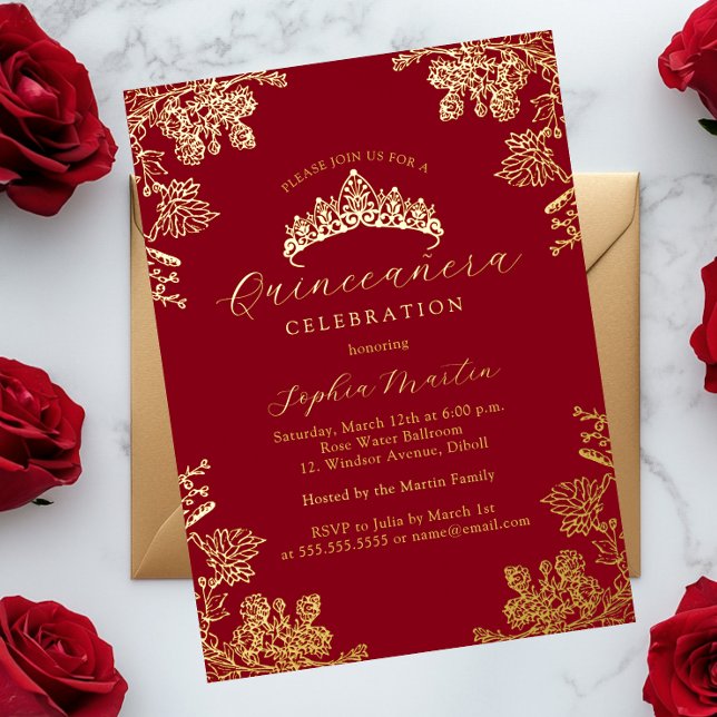 Gold Red Vintag Floral Quinceanera Folieneinladung (Von Creator hochgeladen)