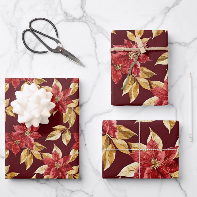 Gold Red Vintag Poinsettias Weihnachten Geschenkpapier Set (Vorderseite)
