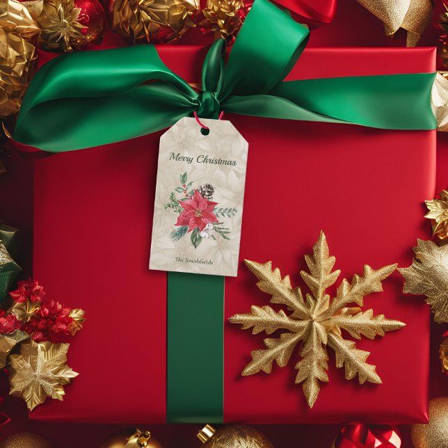 Gold, Red Watercolor Poinsettia Urlaub Geschenkanhänger (Watercolor gold emboss look red and green gift tag)