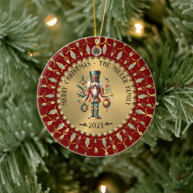 Gold Red White Diamonds Christmas Nutcracker Keramik Ornament (Baum)