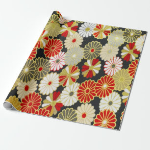 Gold Red White Japanisch Kimono Floral Decoupage Geschenkpapier