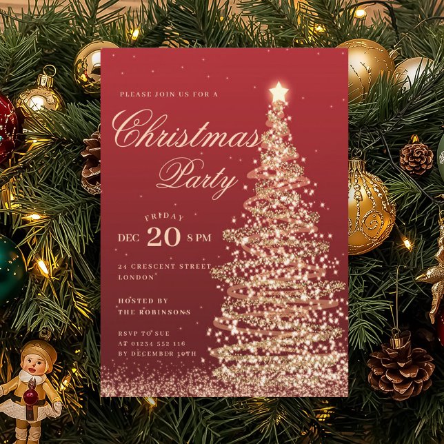 Gold Red Winter Christmas Tree Holiday Party  Einladung (Gold Red Winter Christmas Tree Holiday Party Invitation)