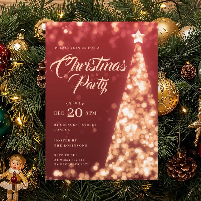 Gold Red Winter Christmas Tree Holiday Party Einladung (Gold Winter Diamonds Glitter Christmas Party Invitation)