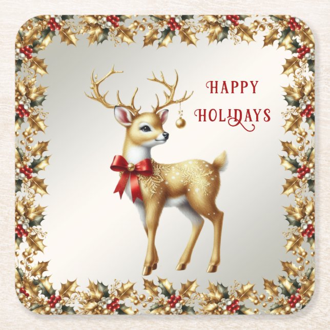 Gold Reindeer Holiday Paper Untersetzer (Vorderseite)