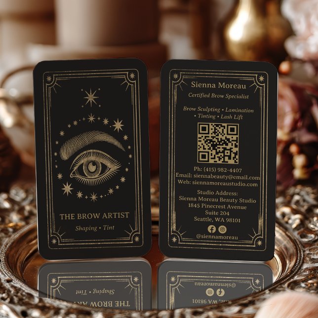 Gold Retro Celestial Tarot Brow Artist QR Code Visitenkarte (Gold Retro Celestial Tarot Brow Artist QR Code Business Card)