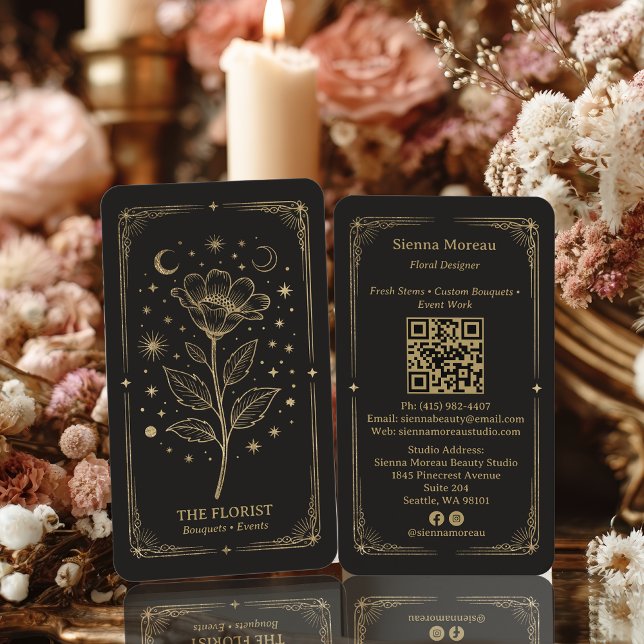 Gold Retro Celestial Tarot Florist QR Code Visitenkarte (Gold Retro Celestial Tarot Florist QR Code Business Card)