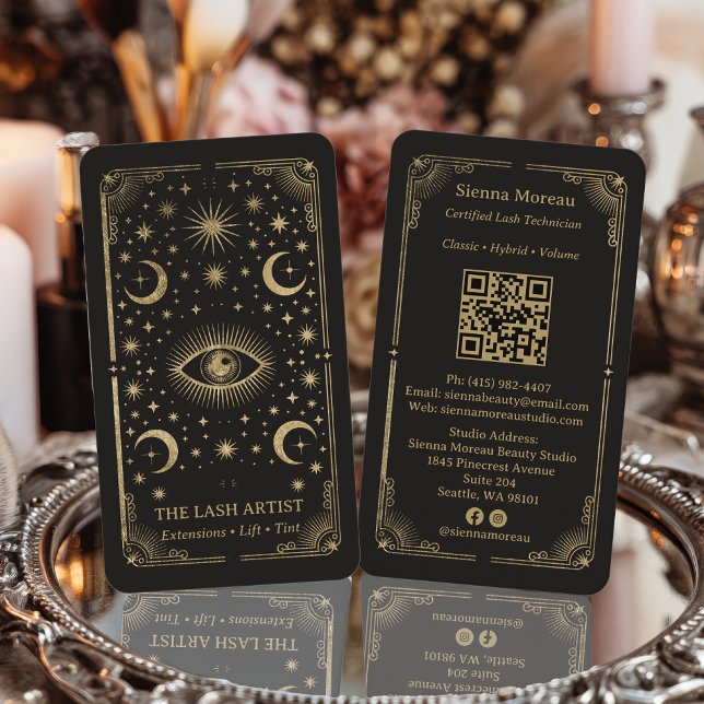 Gold Retro Celestial Tarot Lash Artist QR Code Visitenkarte (Gold Retro Celestial Tarot Lash Artist QR Code Business Card)