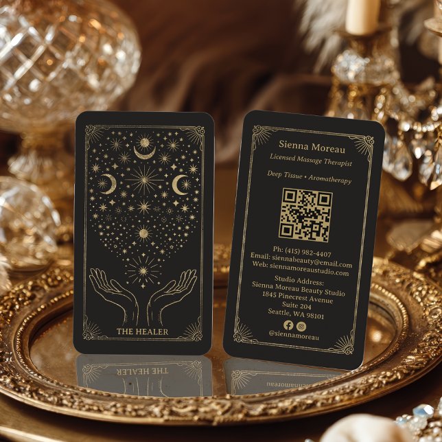Gold Retro Celestial Tarot Massage Reiki QR Visitenkarte (Gold Retro Celestial Tarot Massage Reiki QR Business Card)