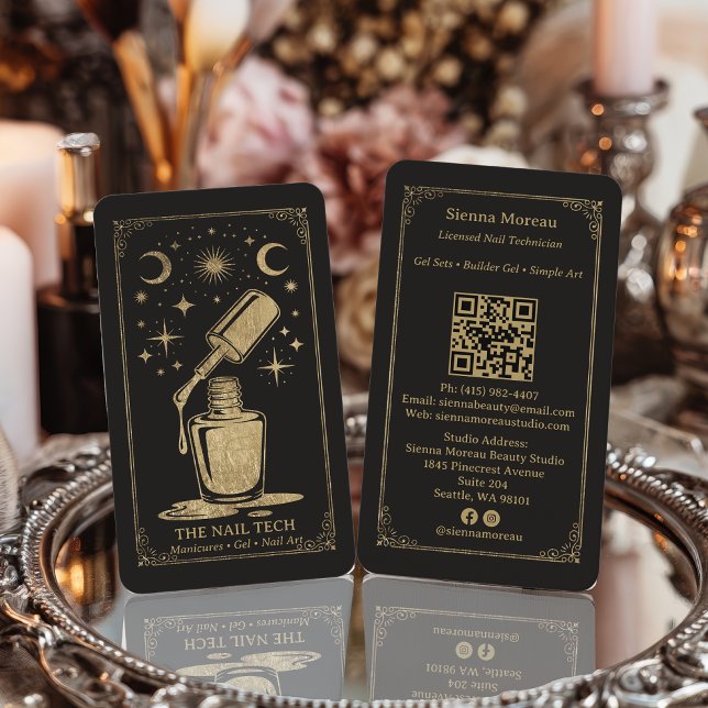 Gold Retro Celestial Tarot Nagelkünstler QR Code Visitenkarte (Gold Retro Celestial Tarot Nail artist QR Code Business Card)
