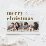 Gold Retro Typografie Frohe Weihnachten Zwei Foto<br><div class="desc">Frohe Weihnachten! Senden Sie Ihre Weihnachtsgrüße an Familie und Freunde mit dieser personalisierbaren Weihnachtspostkarte für das Foto. Es zeichnet sich durch Retro-fett Typografie aus. Personalisieren Sie diese,  indem Sie Ihre Daten hinzufügen. Diese rote Weihnachtspostkarte ist auf anderen Cardstock erhältlich. Matching-Elemente sind verfügbar.</div>
