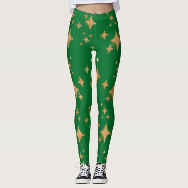 Gold Retro Weihnachtssterne auf Grün Leggings (Vorderseite)