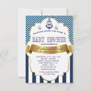 Gold Ribbon Blue Stripes Waves Anchor BABY SHOWER Einladung