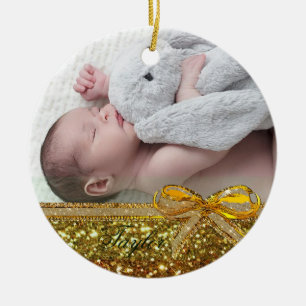 Gold Ribbon & Bow Baby Foto Ornament Keepake