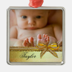 Gold Ribbon & Bow Baby Foto Ornament Keepsakes