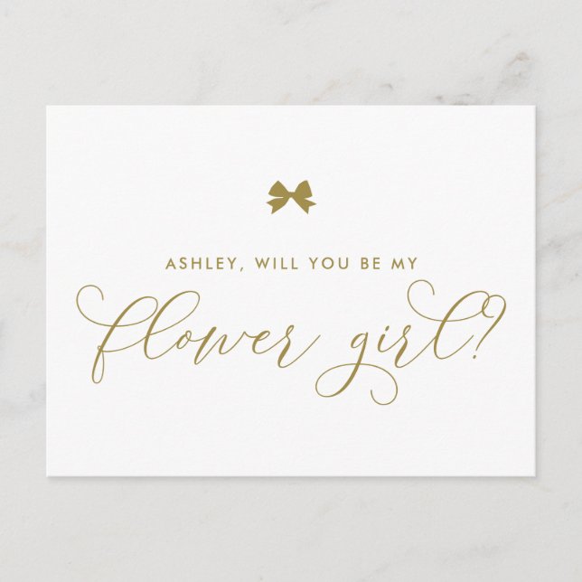 Gold Ribbon Bow werden Sie meine Blume Girl Card s Postkarte (Vorderseite)