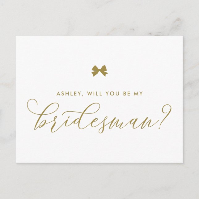 Gold Ribbon Bow wird meine Bridesman Card sein Postkarte (Vorderseite)