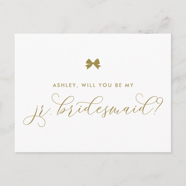 Gold Ribbon Bow wird meine Jr Bridesmaid Card sein Postkarte (Vorderseite)